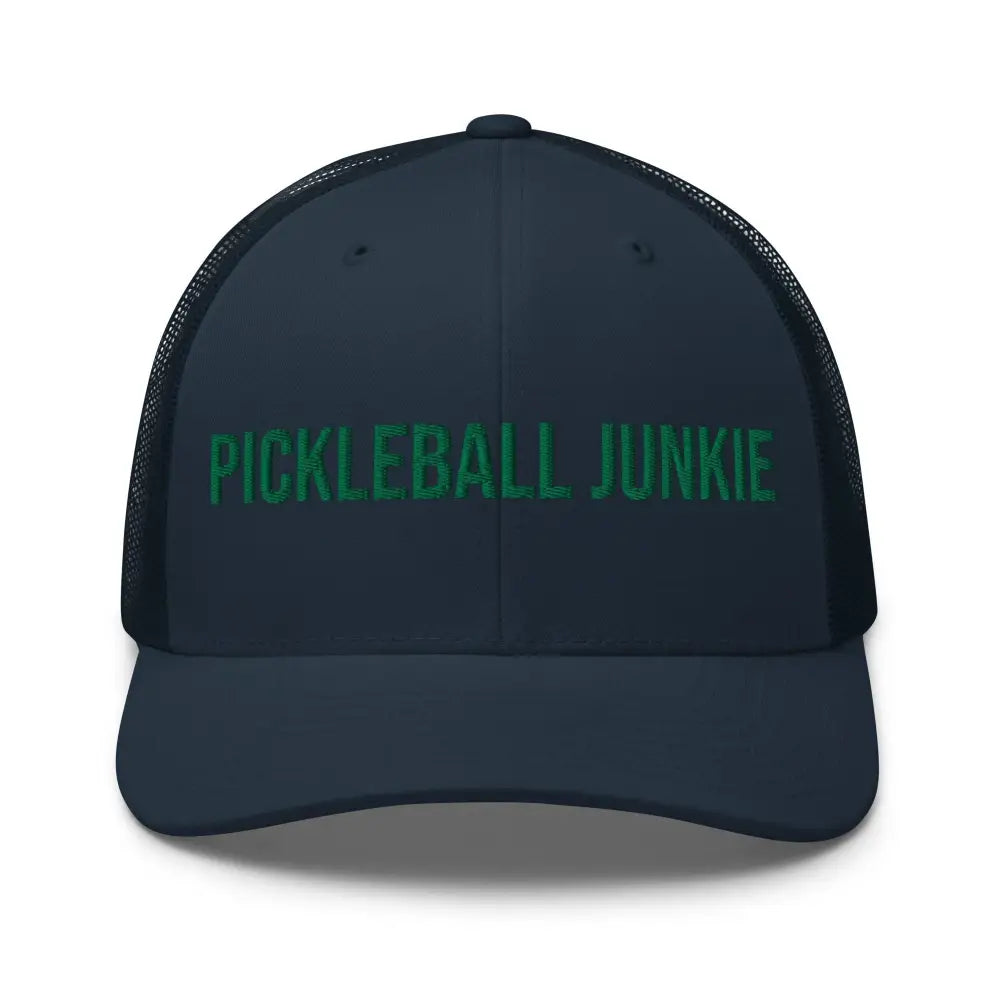 Dark blue Pickleball Junkie embroidered Trini Skies trucker hat