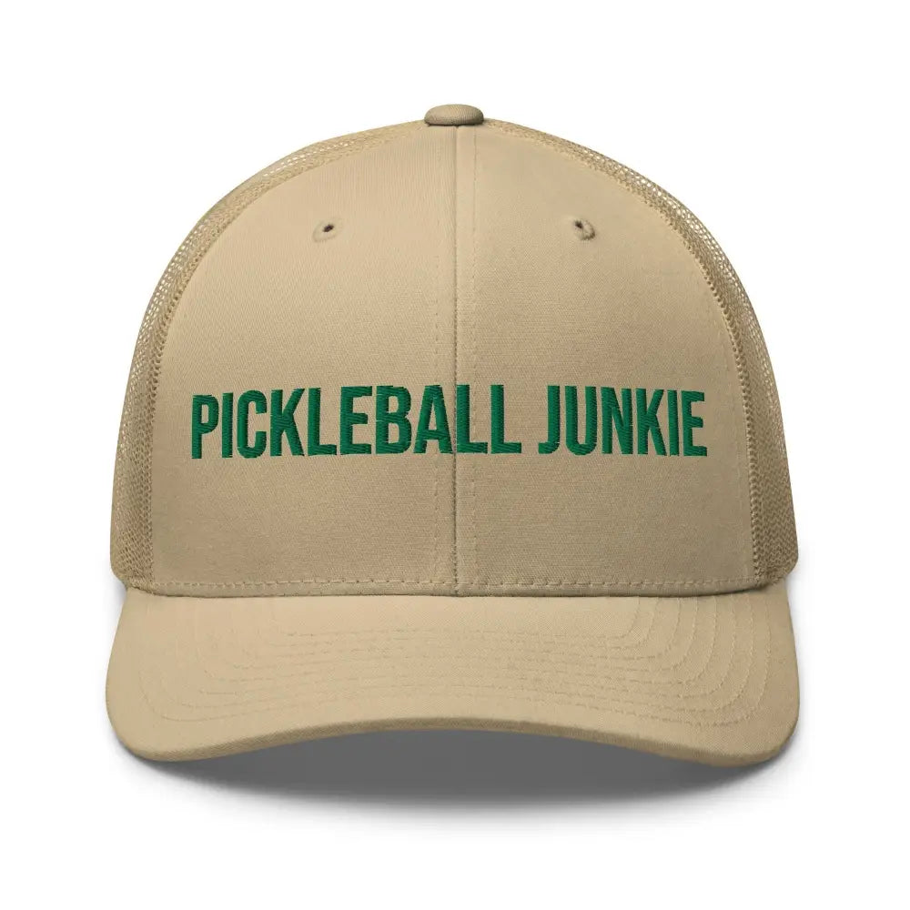 Beige mesh-back Trini Skies pickleball junkie embroidered trucker hat