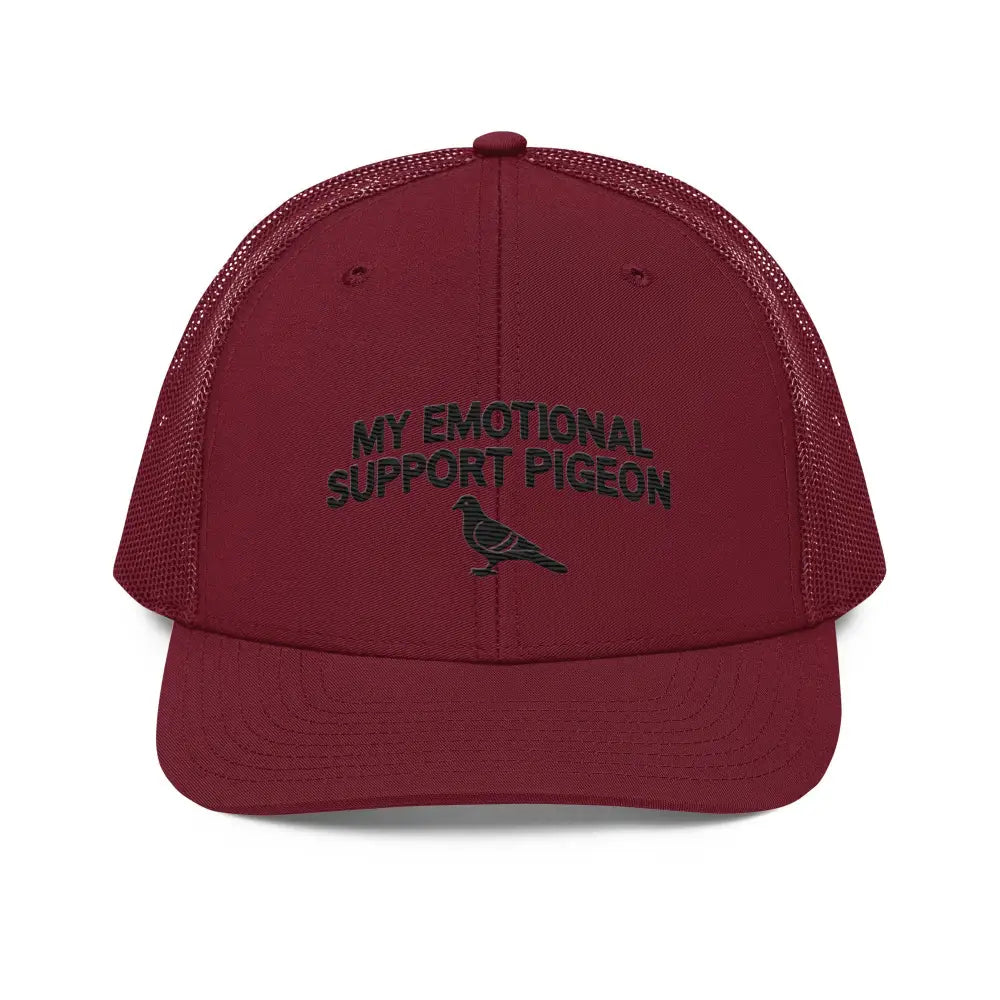 Maroon mesh trucker hat with embroidered pigeon design, Trini Skies support pigeon truck
