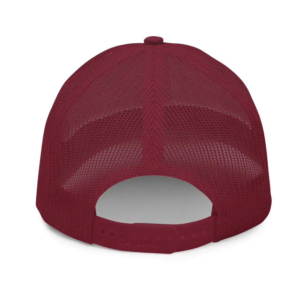 Maroon mesh back Pigeon embroidered trucker hat with Trini Skies design
