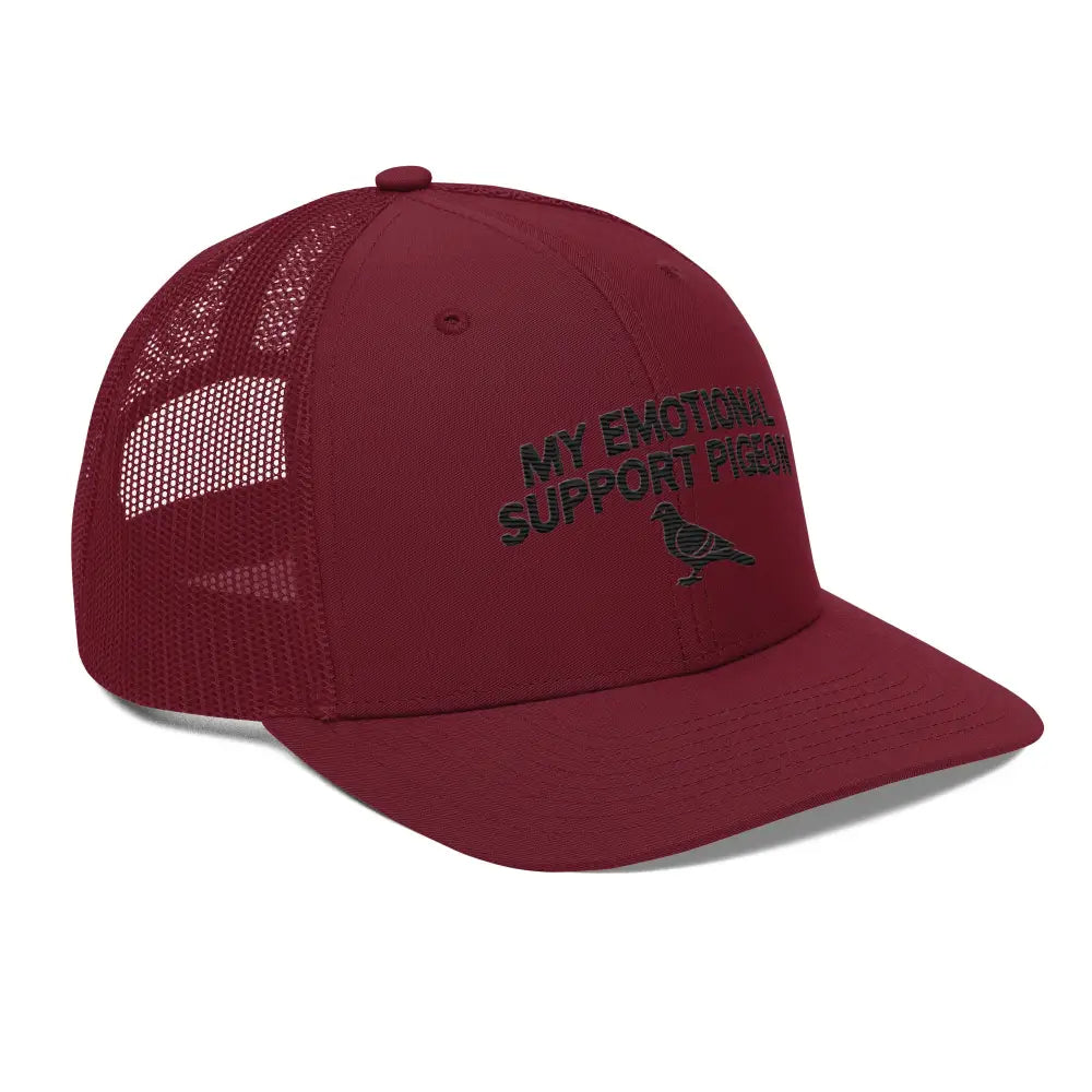 Maroon mesh trucker hat with pigeon embroidery, Trini Skies