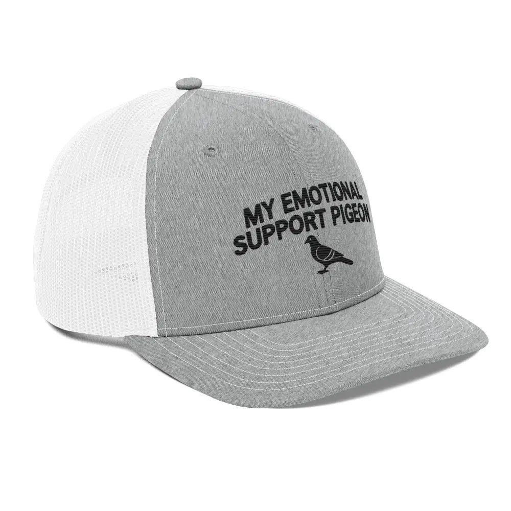Gray and white pigeon embroidered trucker hat by Trini Skies