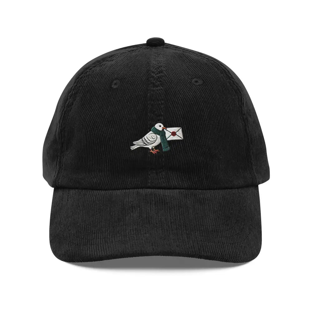 Trini Skies vintage corduroy cap with embroidered pigeon mail