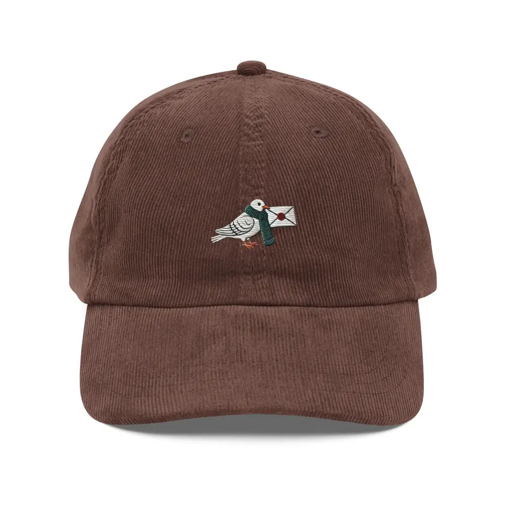 Vintage corduroy Trini Skies cap with pigeon mail embroidery