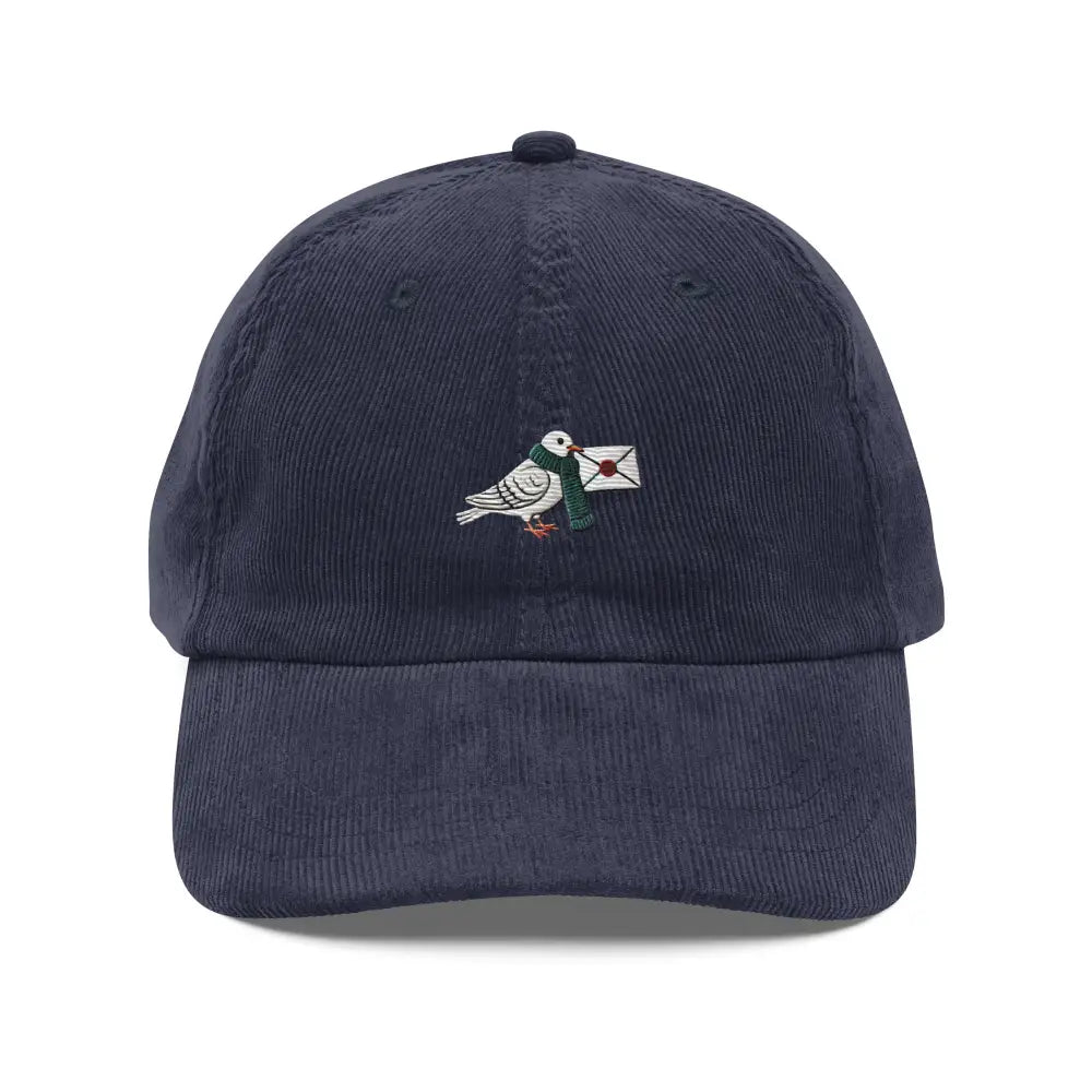 Trini Skies vintage corduroy navy blue cap with white pigeon embroidery