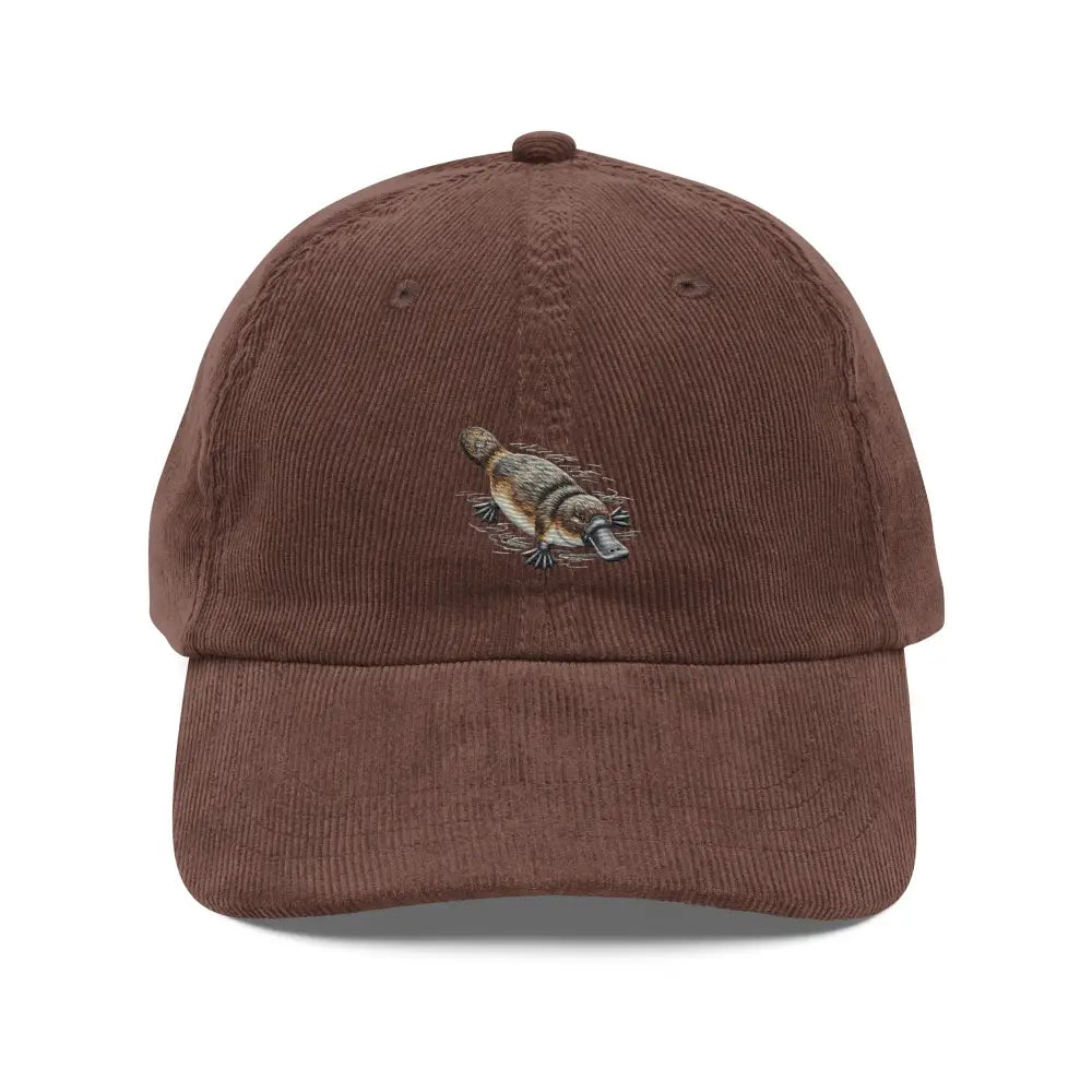 Brown platypus embroidered corduroy hat with wildlife streetwear design