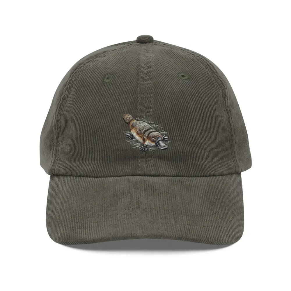 Olive green corduroy baseball cap with embroidered platypus design, stylish embroidered corduroy hat