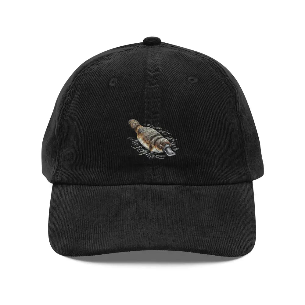 Black platypus embroidered corduroy hat with unique animal design