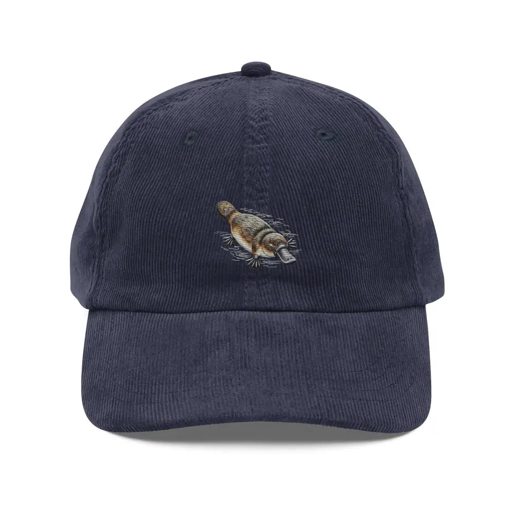 Dark blue platypus embroidered corduroy hat with unique animal design