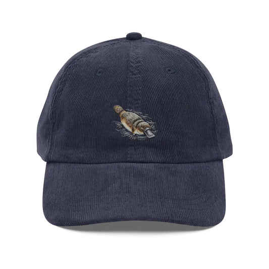 Dark blue platypus embroidered corduroy hat with streetwear style and wildlife design