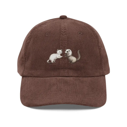 Brown embroidered corduroy cap with cat and weasel, unisex retro hat