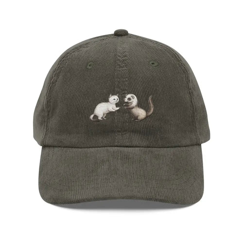 Dark green embroidered corduroy cap with animals, unisex retro hat