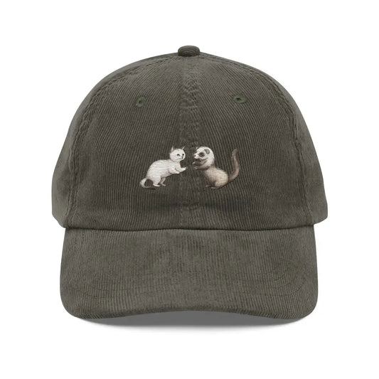 Playful Ferret and Cat Vintage Corduroy Cap - Unisex Retro Hat Embroidered - Olive - Hats dark green corduroy baseball