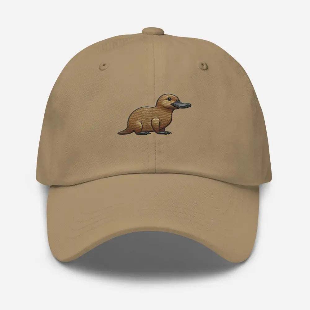 Khaki platypus dad hat with embroidered platypus and antique buckle strap