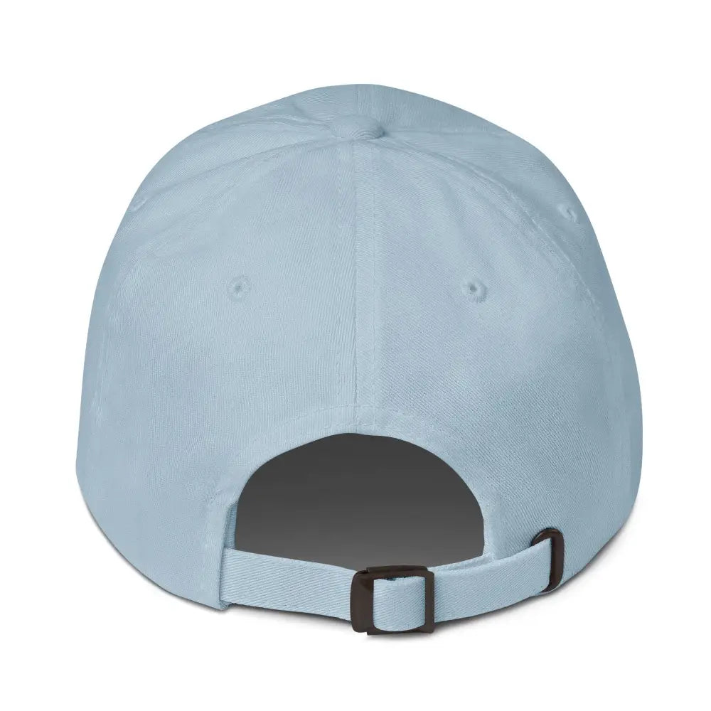 Light blue platypus dad hat with embroidered corduroy and antique buckle strap