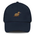 Navy blue embroidered platypus dad hat with antique buckle strap