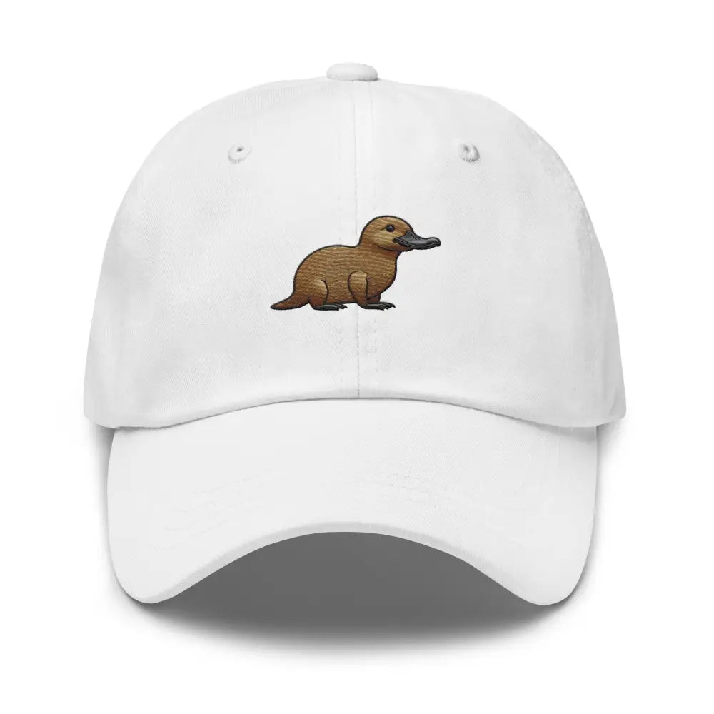 White platypus dad hat with embroidered corduroy and antique buckle strap