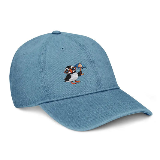 Playful Puffin Denim Cap – Embroidered Bird Design - light blue denim baseball cap 1