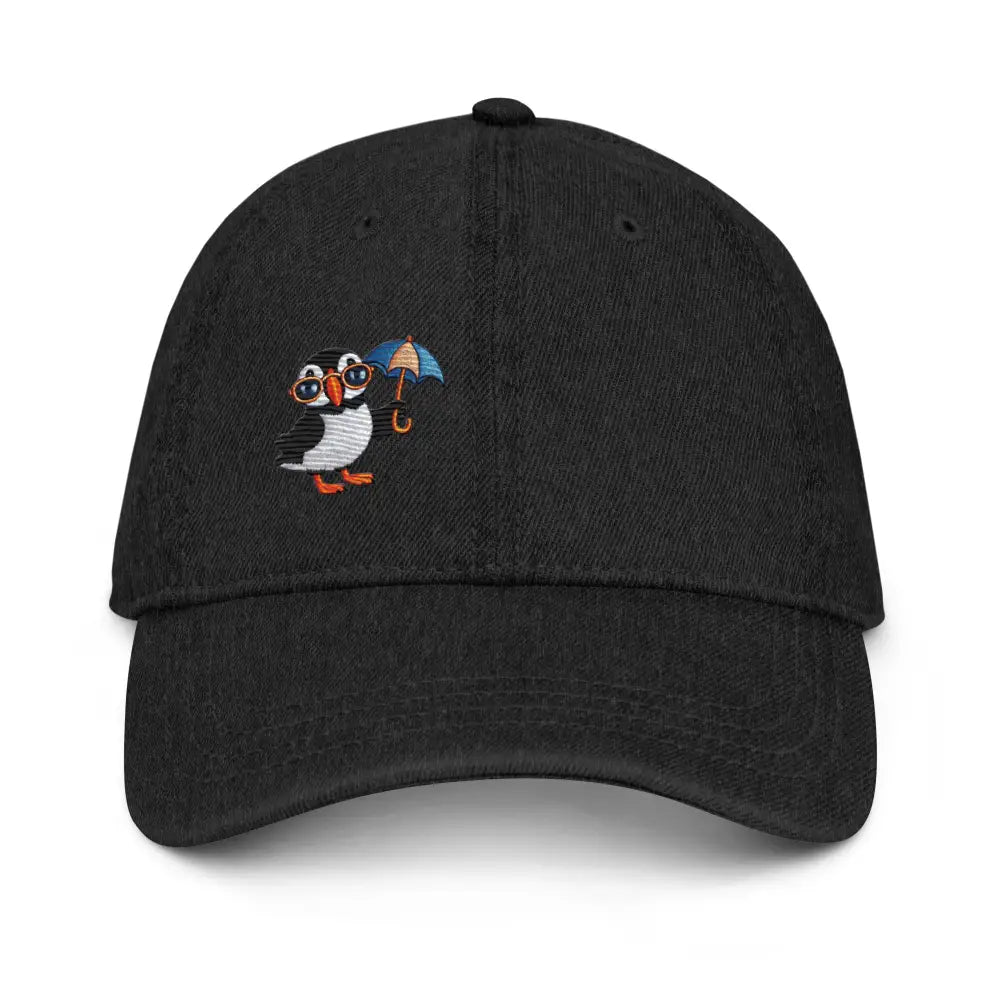 Playful puffin denim embroidered cap with bird design sea puffin and umbrella