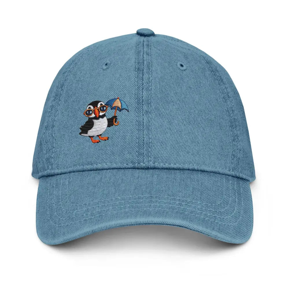 Playful puffin embroidered denim cap with bird design sea umbrella