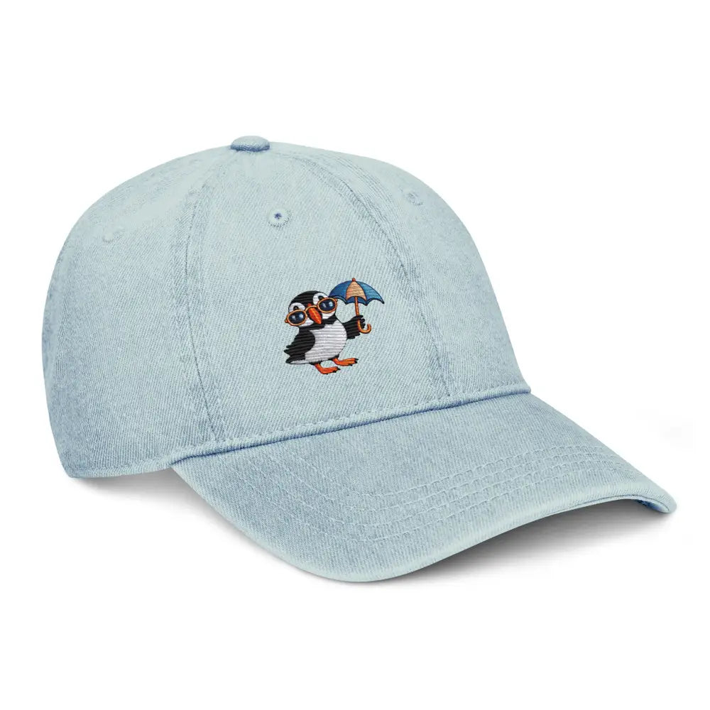 Playful puffin denim cap with embroidered bird design sea puffin