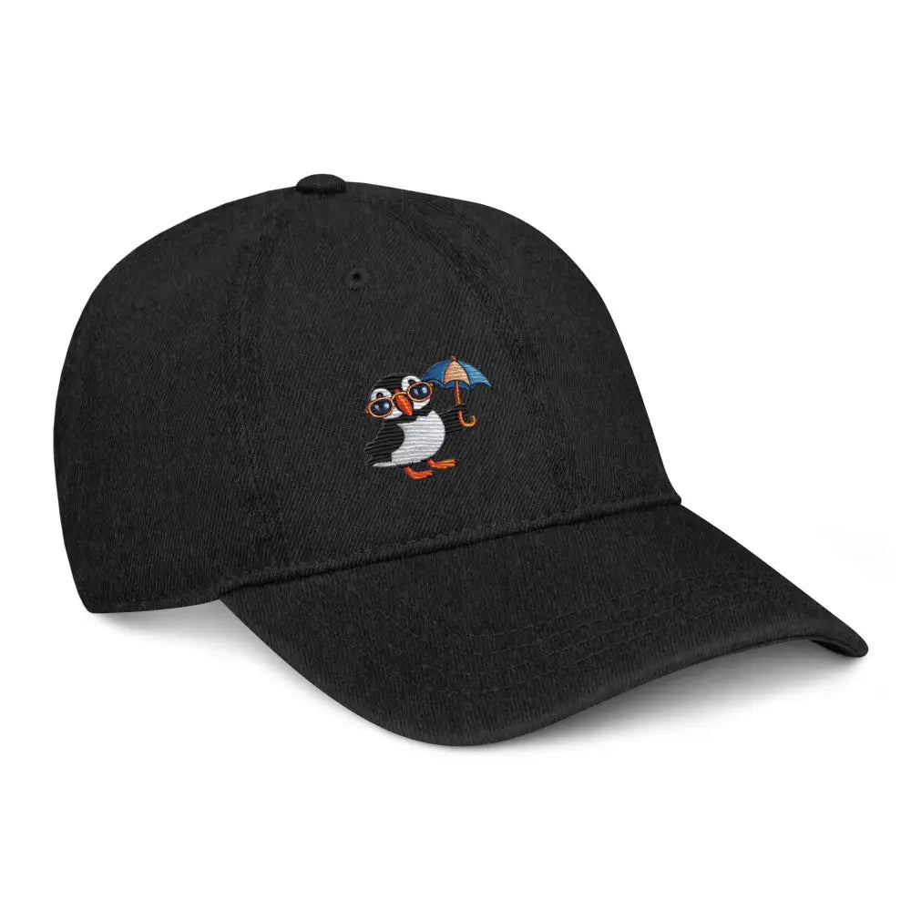 Playful puffin embroidered denim cap with bird design sea motif