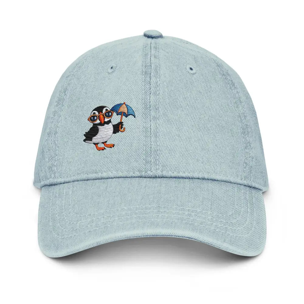 Playful Puffin embroidered denim cap with bird design sea puffin in sunglasses and umbrella