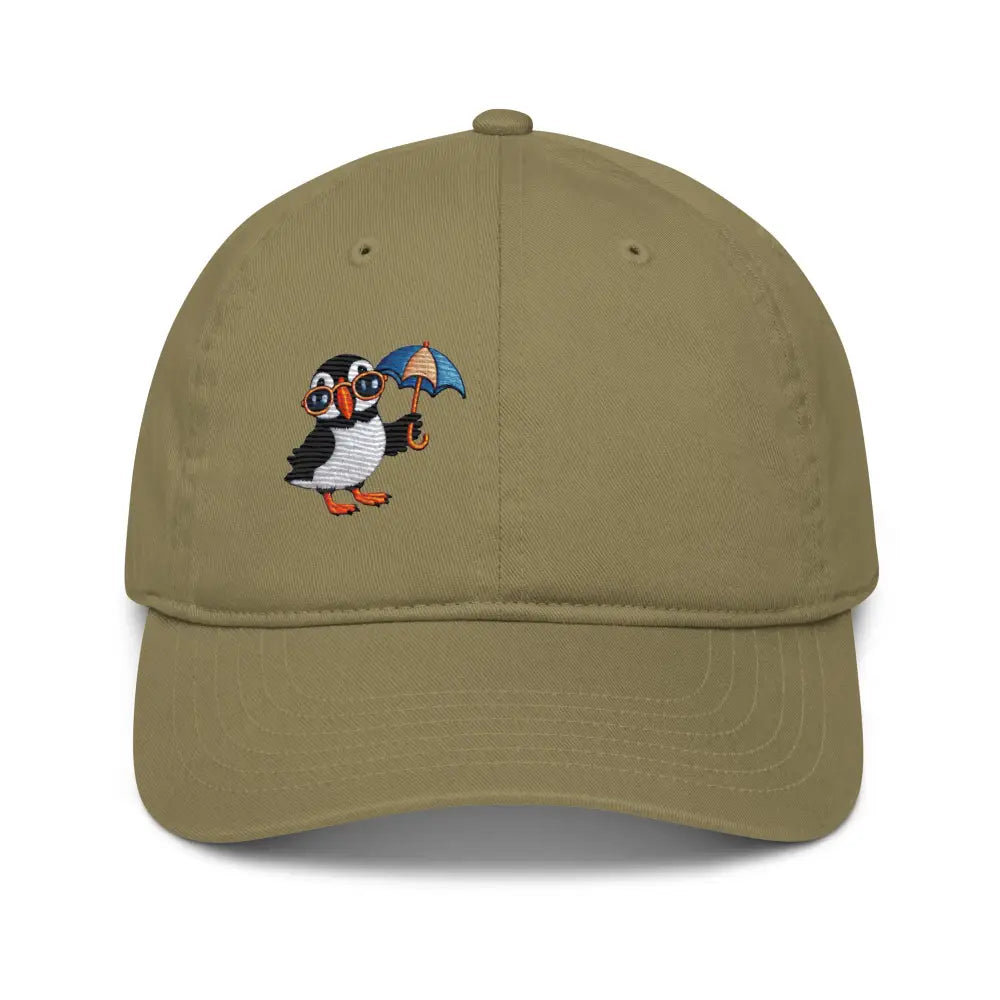 Playful puffin organic dad hat with embroidered puffin in glasses and umbrella