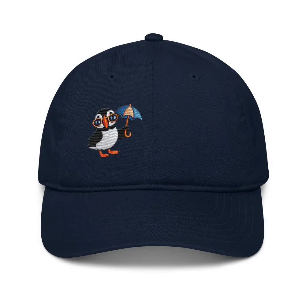 Playful Puffin Organic Dad Hat with Embroidered Puffin in Navy Blue
