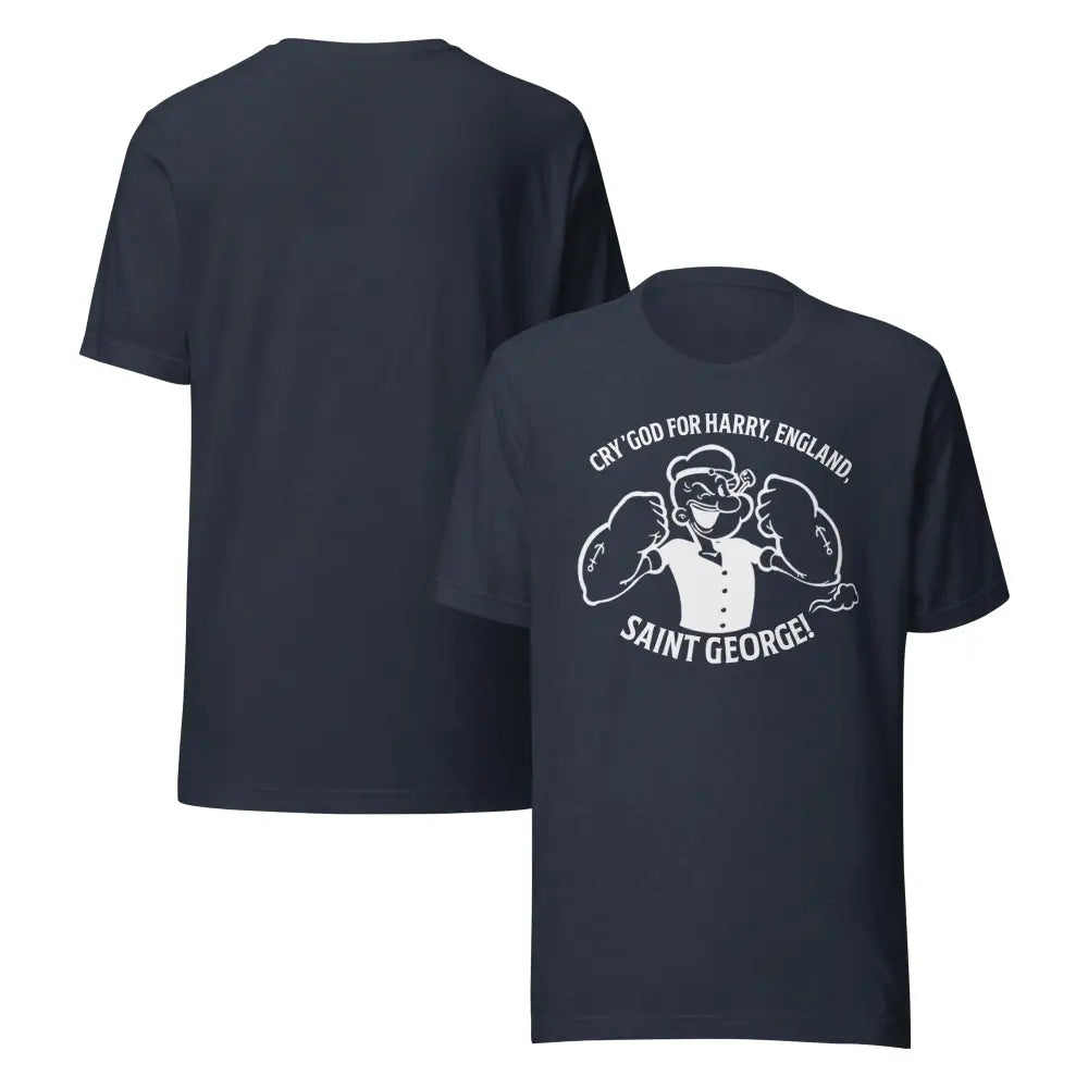 Dark blue crewneck graphic tee with cartoon character design for Popeye Saint George T-Shirt