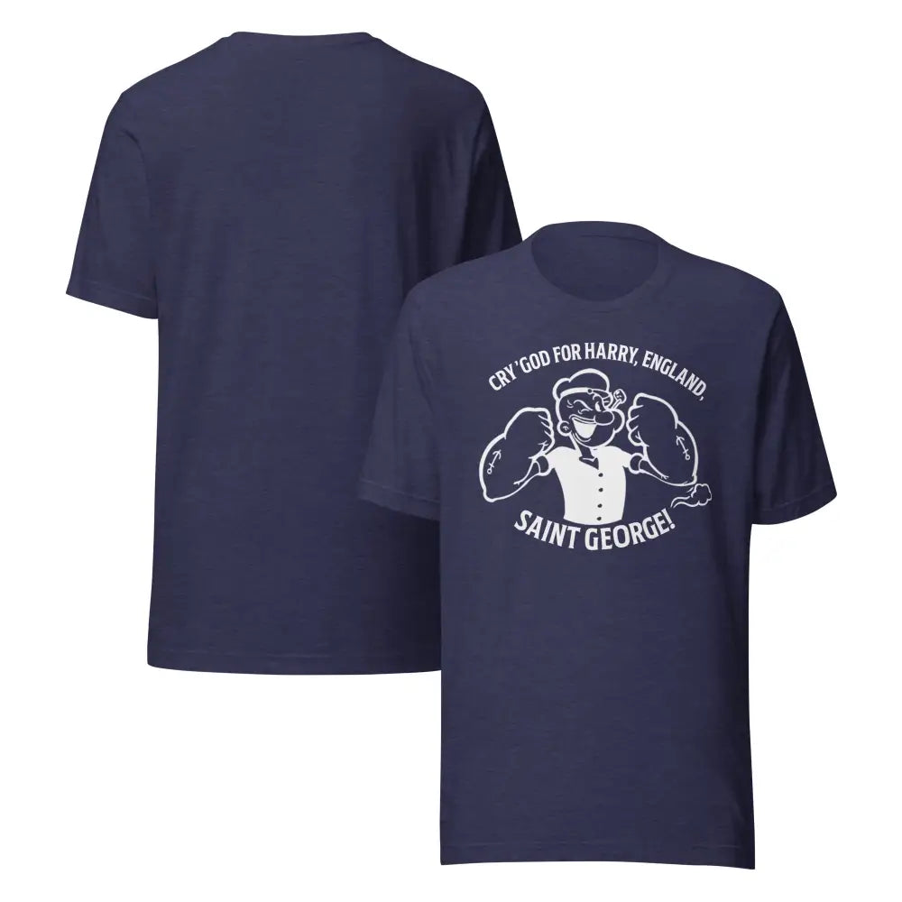 Navy blue short-sleeve graphic tee cartoon featuring Popeye sailor flexing biceps