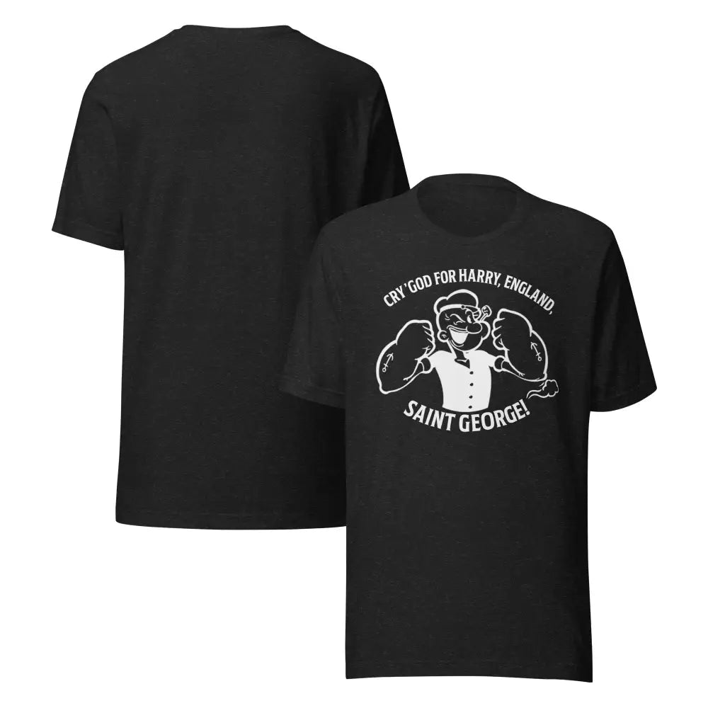 Black short-sleeved graphic tee with cartoon Popeye Saint George design and text