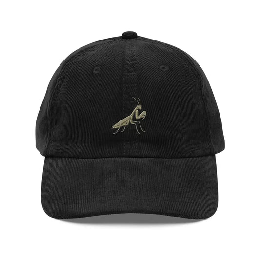 Black corduroy baseball cap with praying mantis embroidered design for stylish headwear