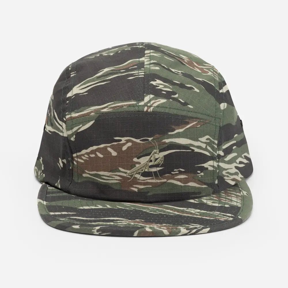 Camo print five-panel cap with praying mantis embroidered logo by Trini Skies Supply