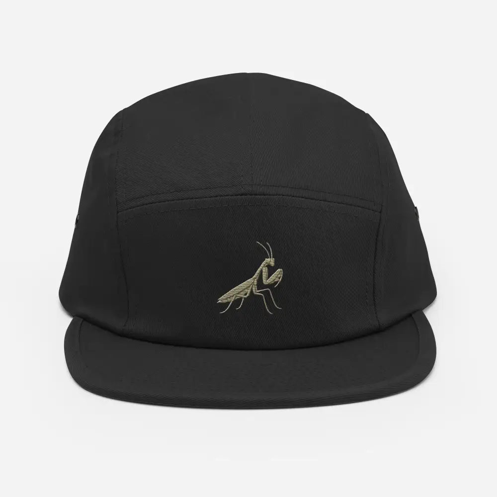 Black five-panel cap with praying mantis embroidered design by Trini Skies Supply