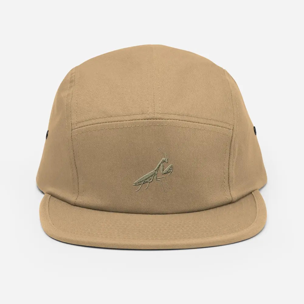 Tan praying mantis embroidered five-panel cap by Trini Skies Supply