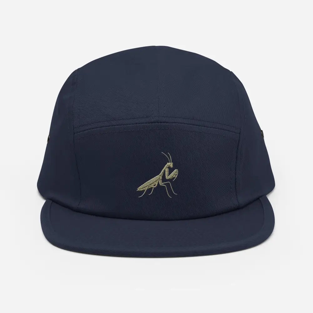 Navy blue praying mantis embroidered five panel cap by Trini Skies Supply