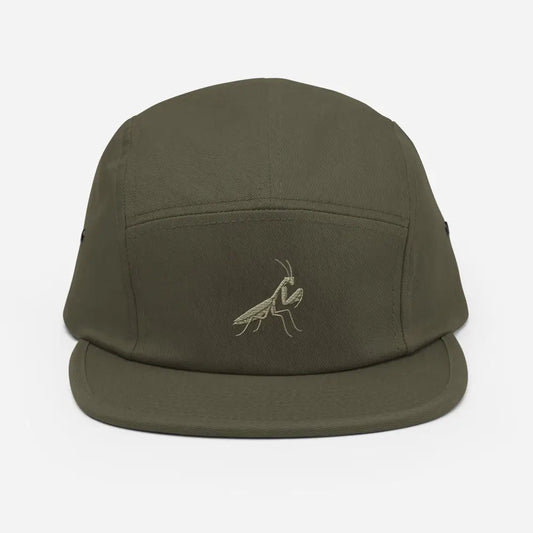 Olive green praying mantis embroidered five-panel cap by Trini Skies Supply