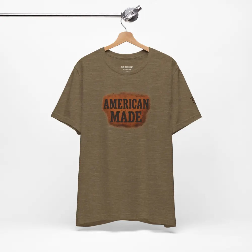 Brown short-sleeved T-shirt with American Made graphic from Trini Skies Supply