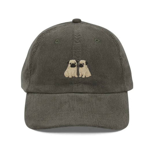 Vintage corduroy cap with charming two-pug embroidery and Trini Skies embroidered hat design