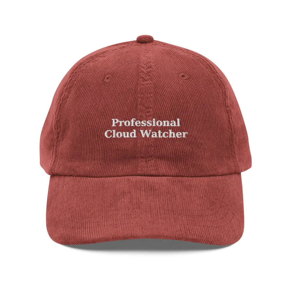 Trini Skies reddish-brown embroidered corduroy cap with cloud watcher embroidery
