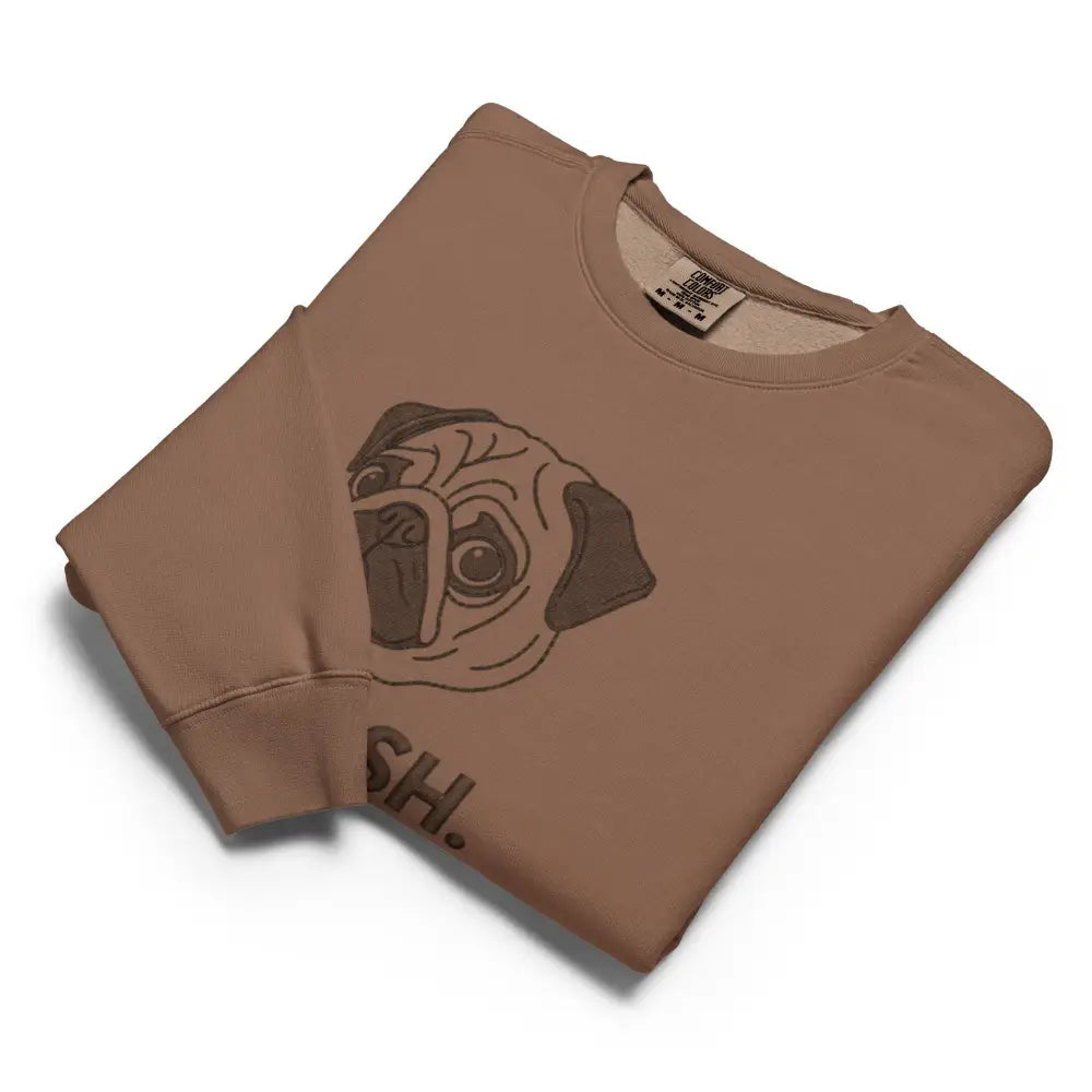 Brown pug face graphic on dog lover crewneck sweatshirt with ash text