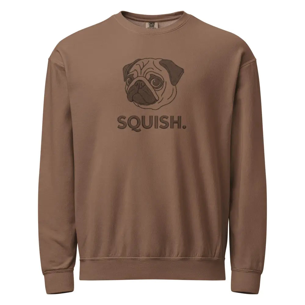 Brown pug face sweatshirt with squish text design for dog lovers