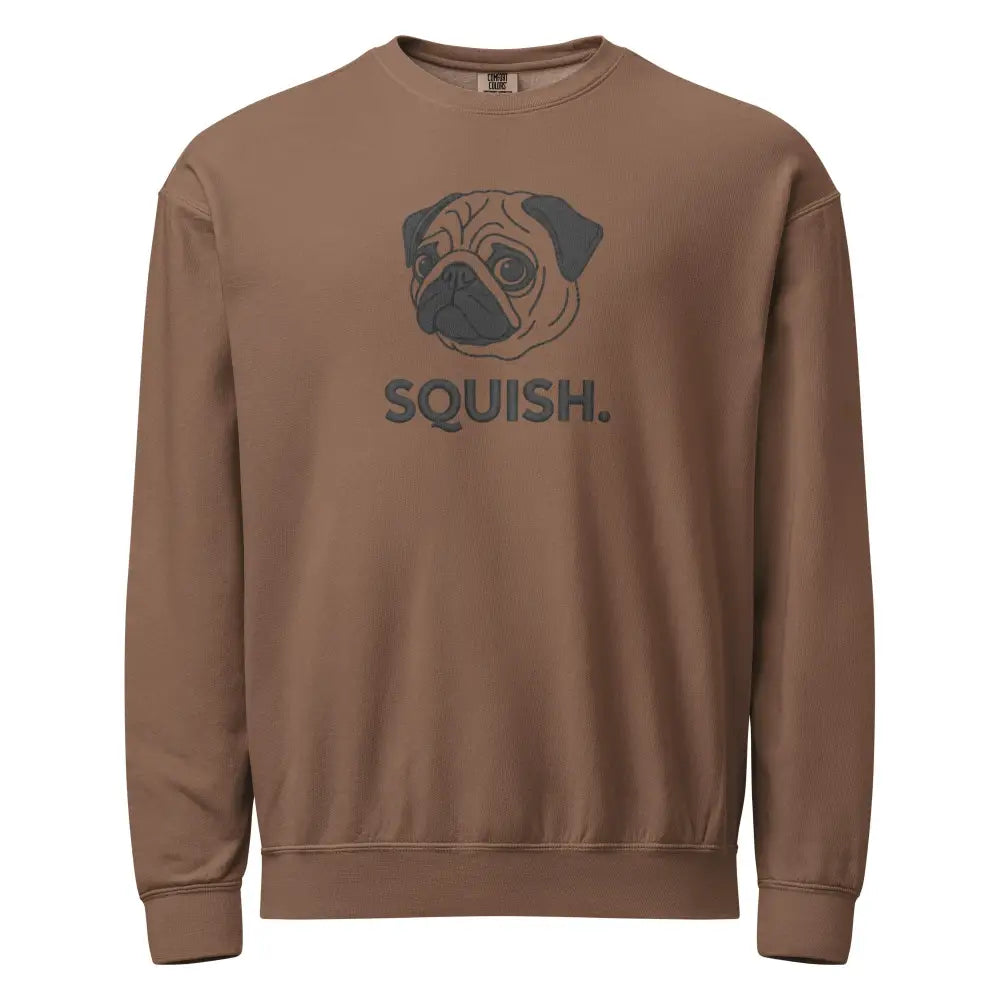 Brown pug face sweatshirt with squish text design