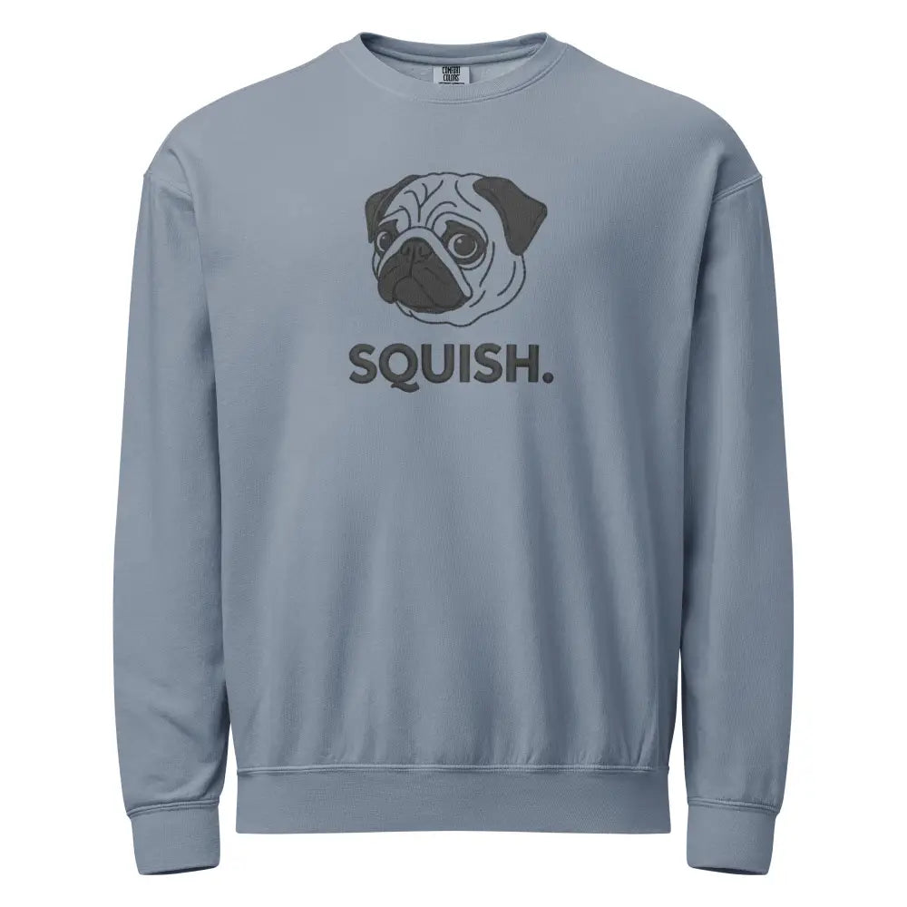Grey pug face sweatshirt with squish text, minimalist dog lover crewneck