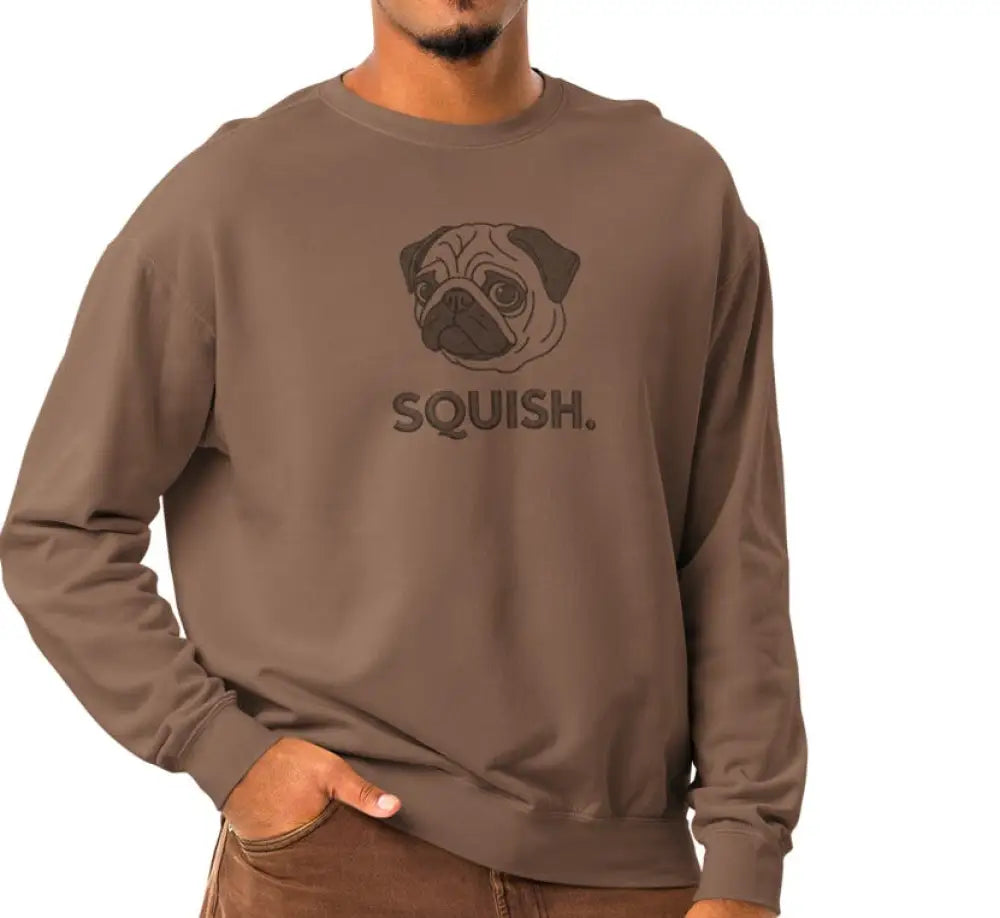 Brown Pug Sweatshirt with Squish Graphic for Dog Lovers