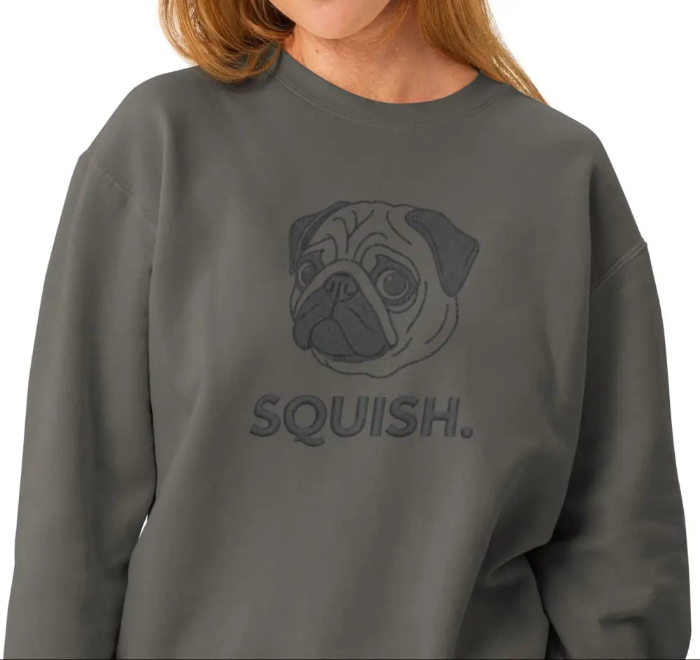 Charcoal gray pug face sweatshirt with squish text design