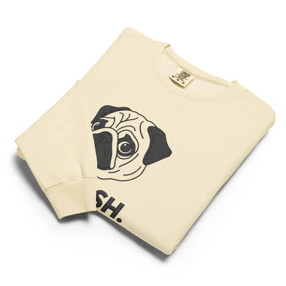 Cream-colored pug face sweatshirt with Ash text, Pug Crewneck Squish minimalist dog lover design