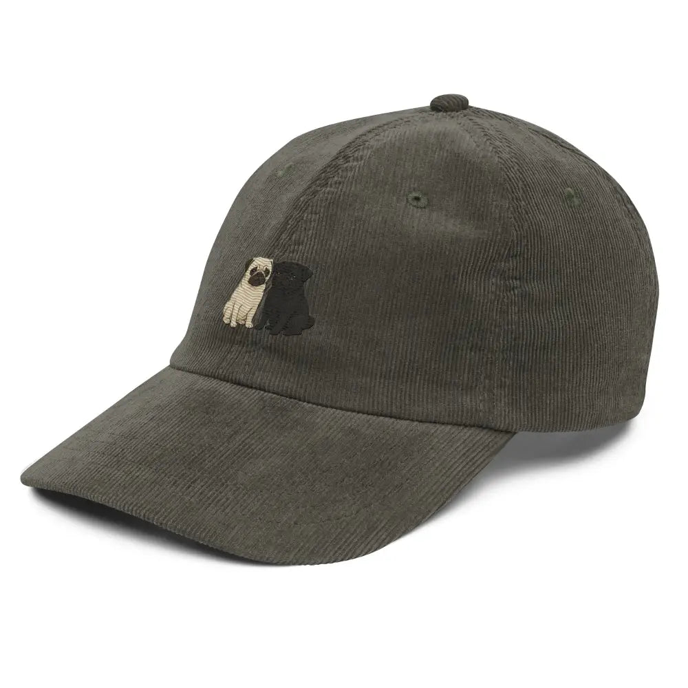 Olive green pug embroidered corduroy baseball cap with dogs