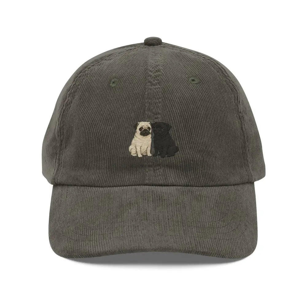 Olive green pug embroidered corduroy dad hat with adjustable strap